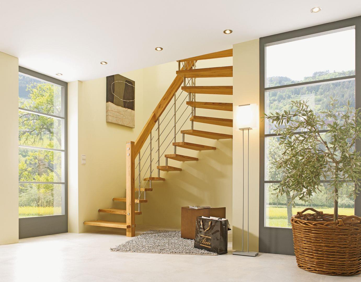 Escalier suspendu deux-quart-tournant bois garde-corps Reling en inox | Treppenmeister