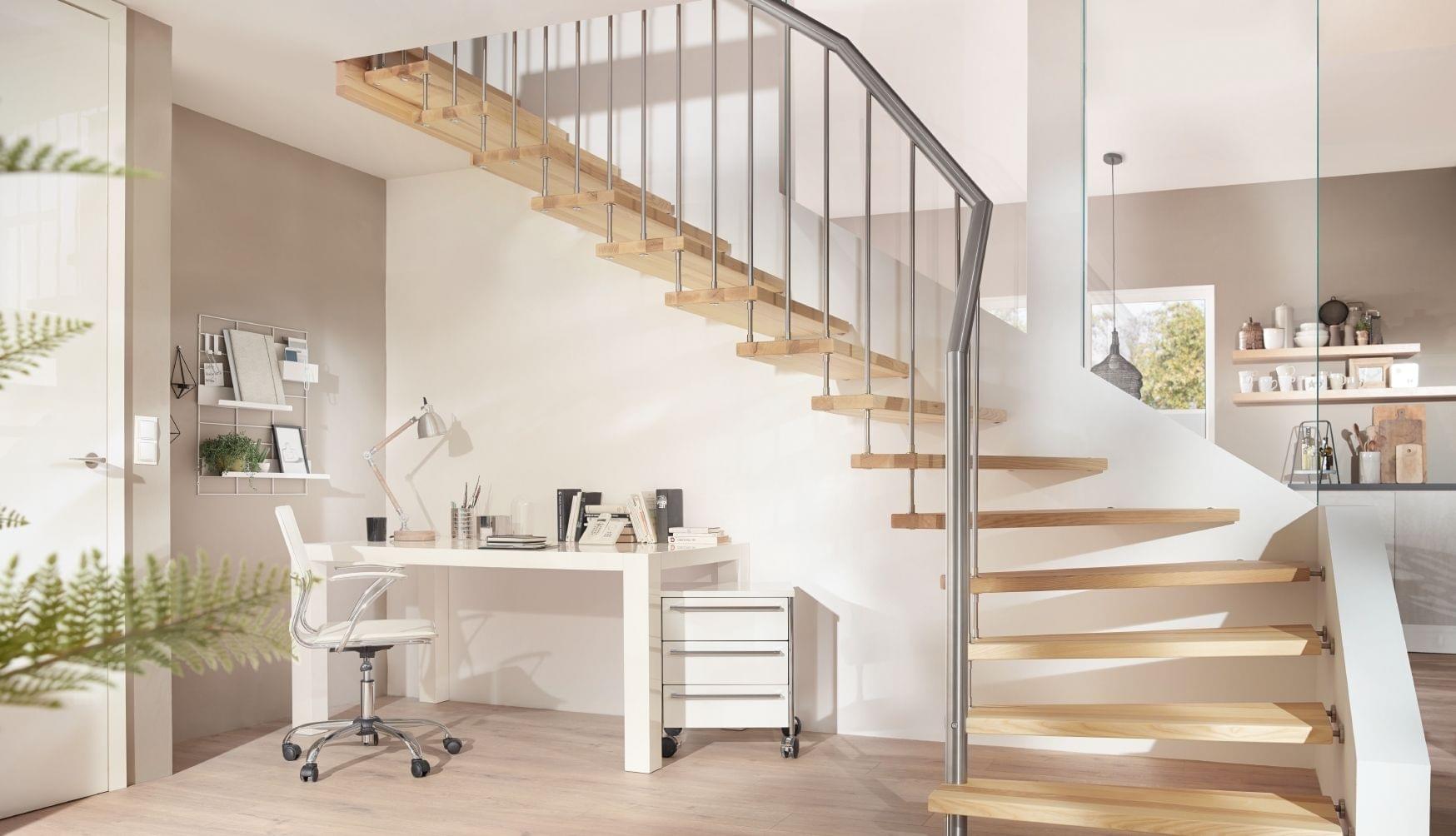 Escalier suspendu en bois avec main courante en acier inoxydable Treppenmeister