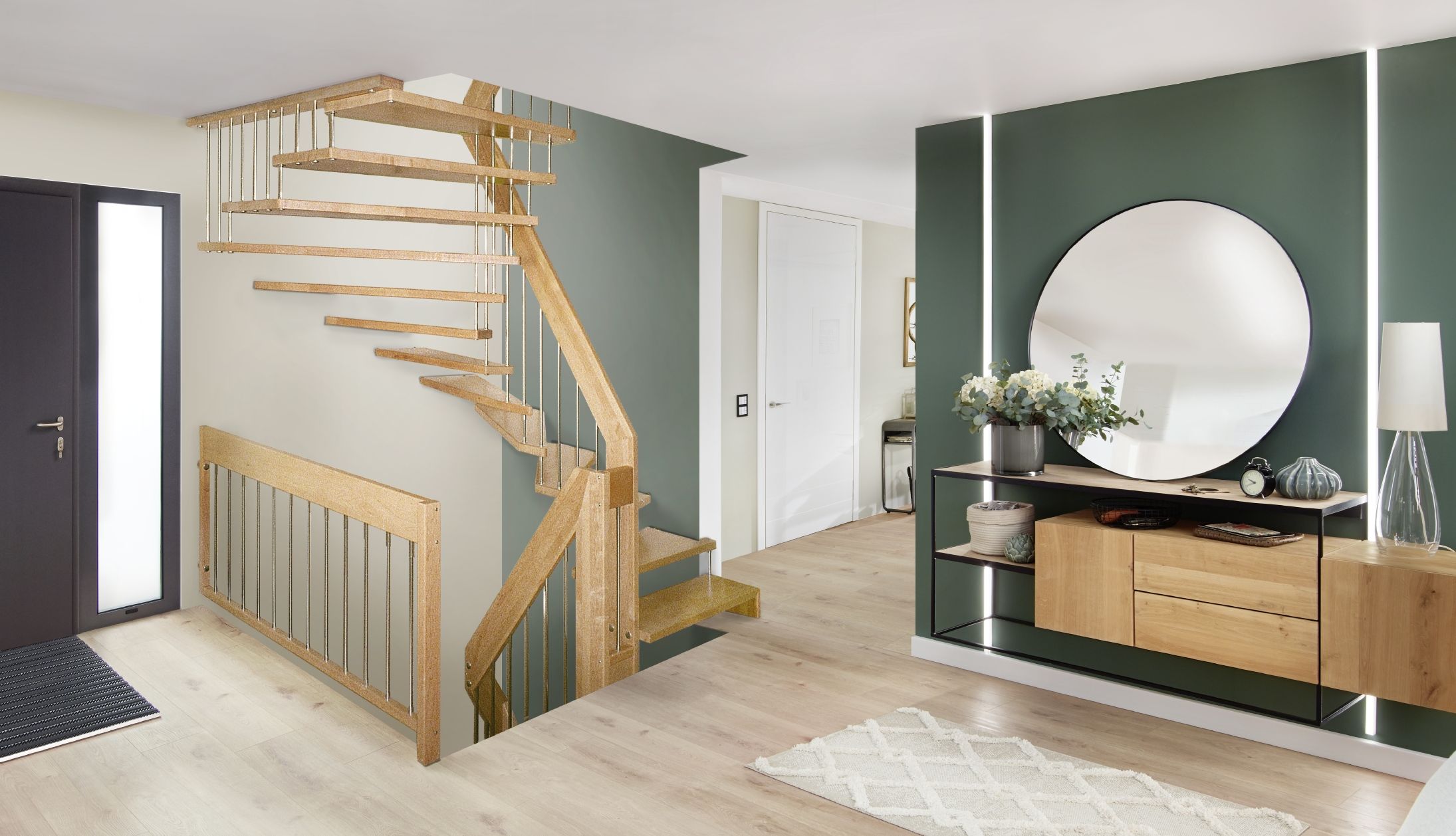 Escalier suspendu en bois rampe à balustres en inox-Viva Treppenmeister