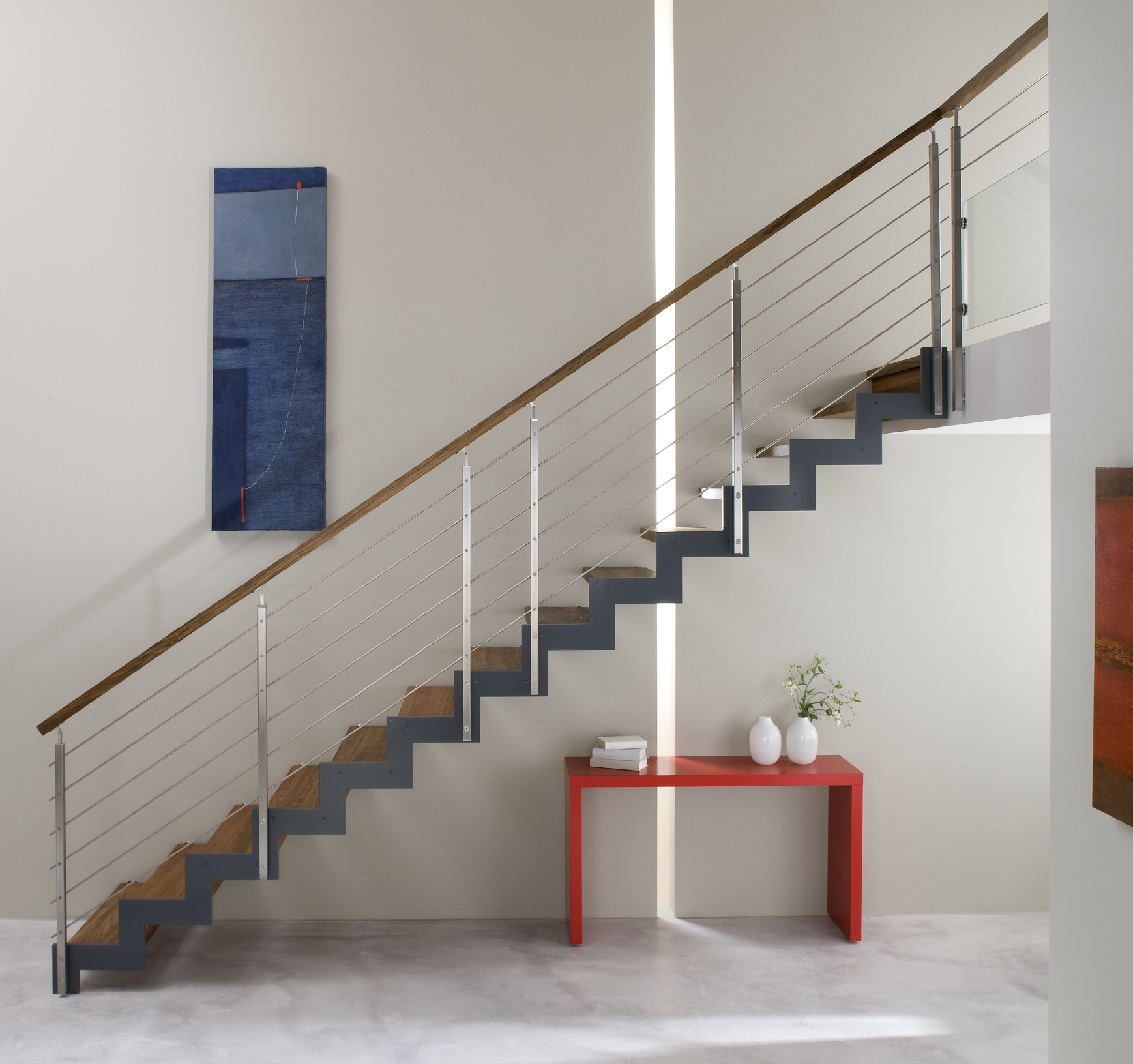Escalier droit en bois limon métallique en acier garde-corps Reling en inox Treppenmeister